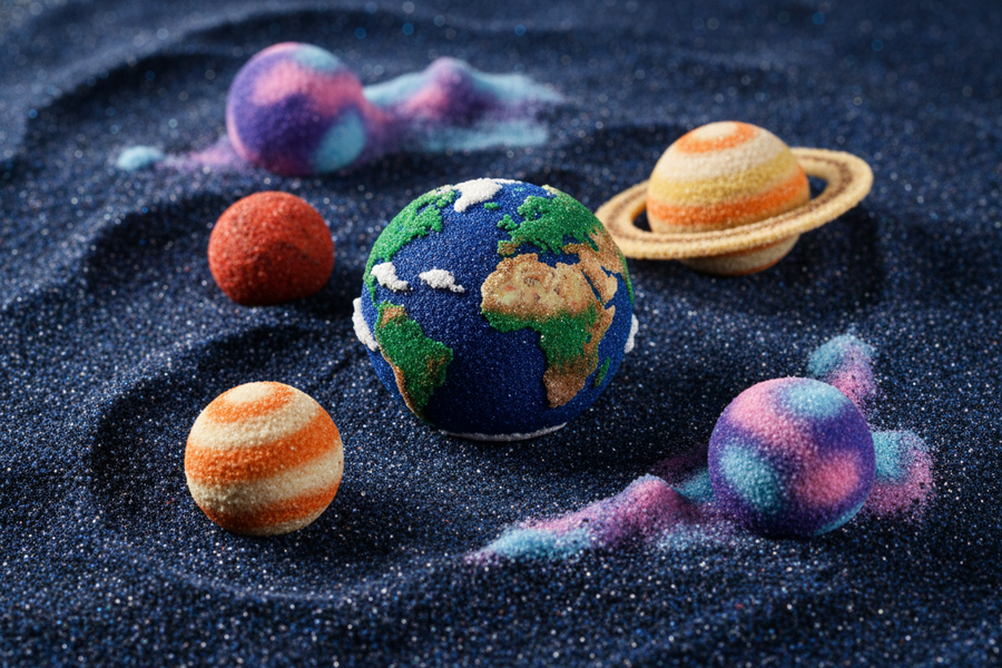 玩具沙做的宇宙，有很多星球，比如蓝绿白棕组成的地球